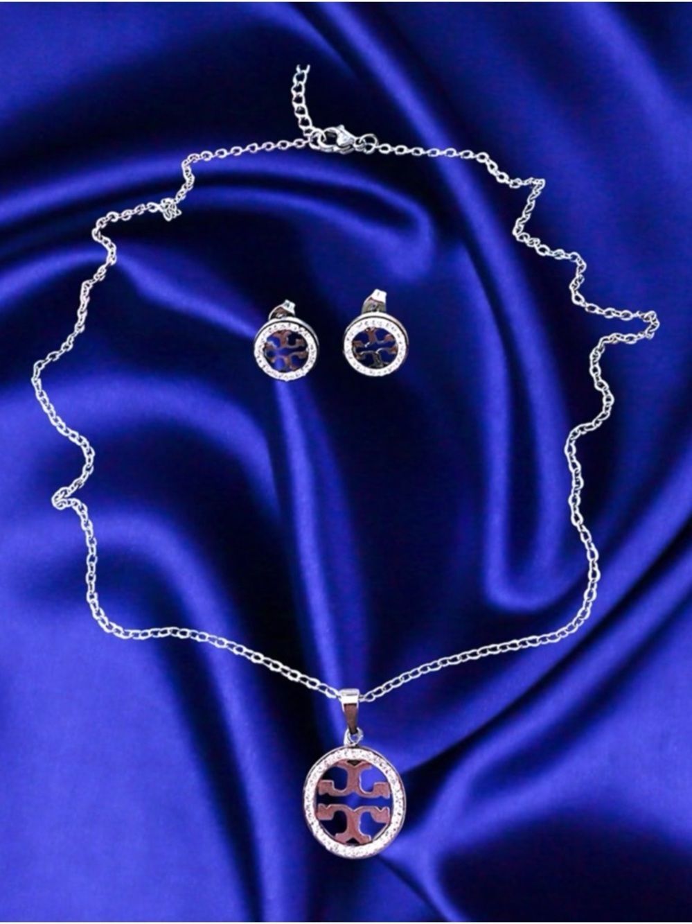 TORY BURCH Silver-Tone pave accent diamond Pendant & Stud Earrings Set